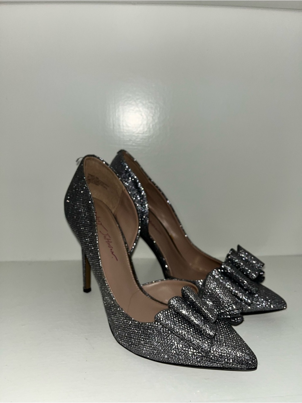 Betsey Johnson Silver D’Orsay Glitter Pointed-Toe Heels with Bow Detail
